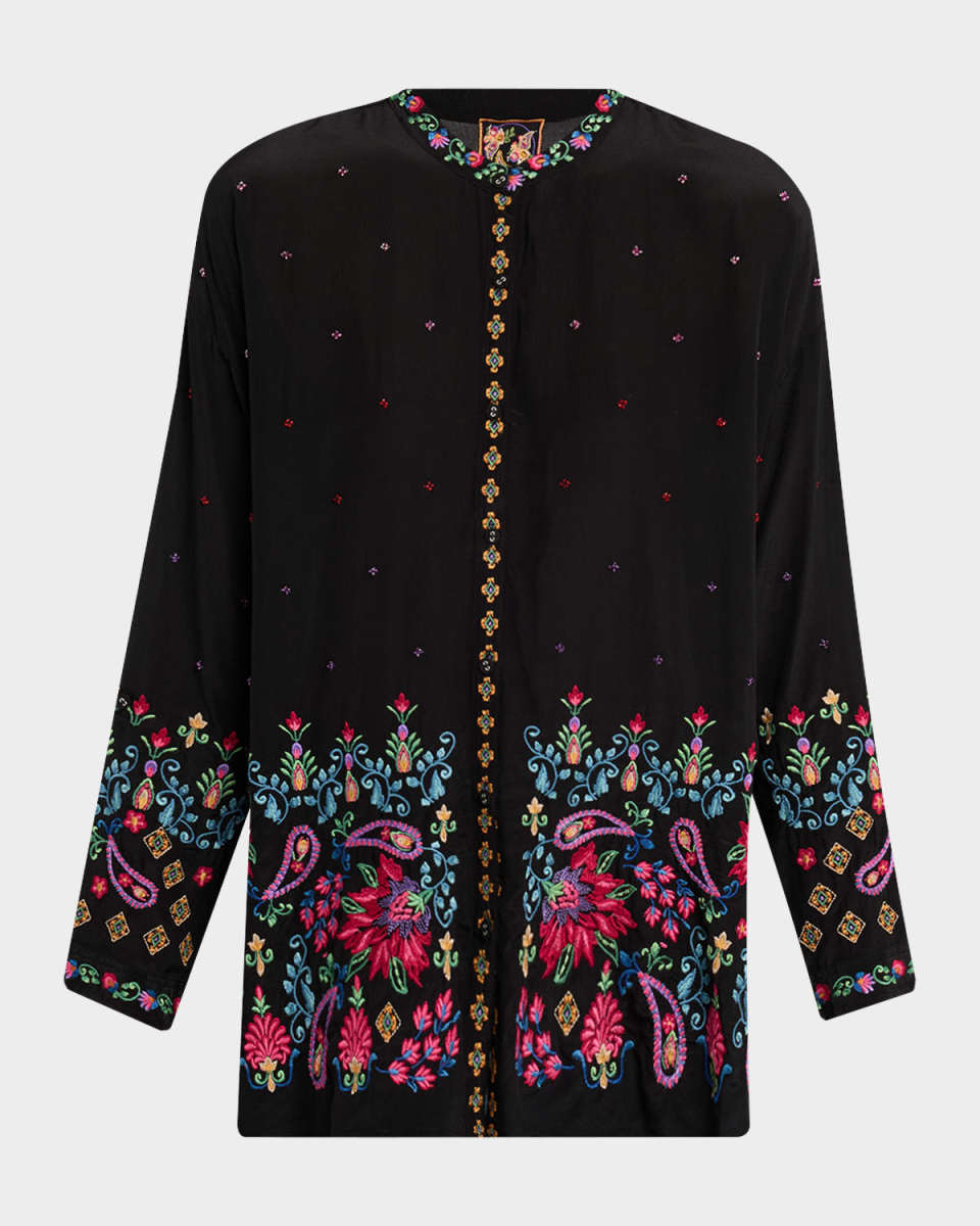 Audrey Paisley-Embroidered Silk Shirt